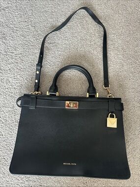 Michael Kors Black Leather Satchel with Gold Hardware and Lock Charm